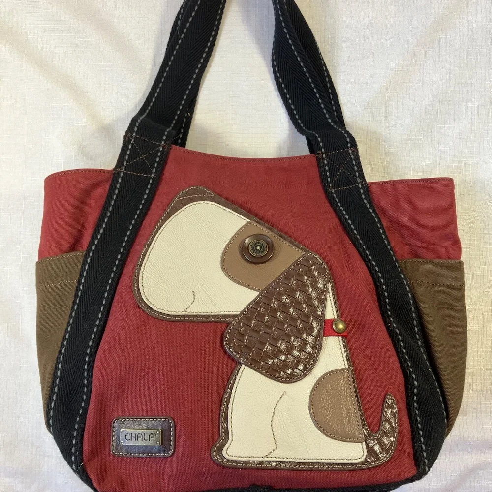 Chala Toffy Dog Large Tote Canvas/Vegan Leather, Burgundy With Black Handles EUC - Picture 9 of 13